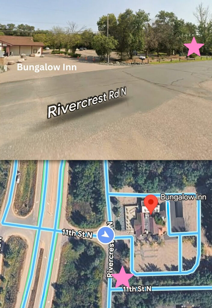 Map showing Rivercrest Flowers location near the Bungalow Inn Restaurant in Lakeland, MN